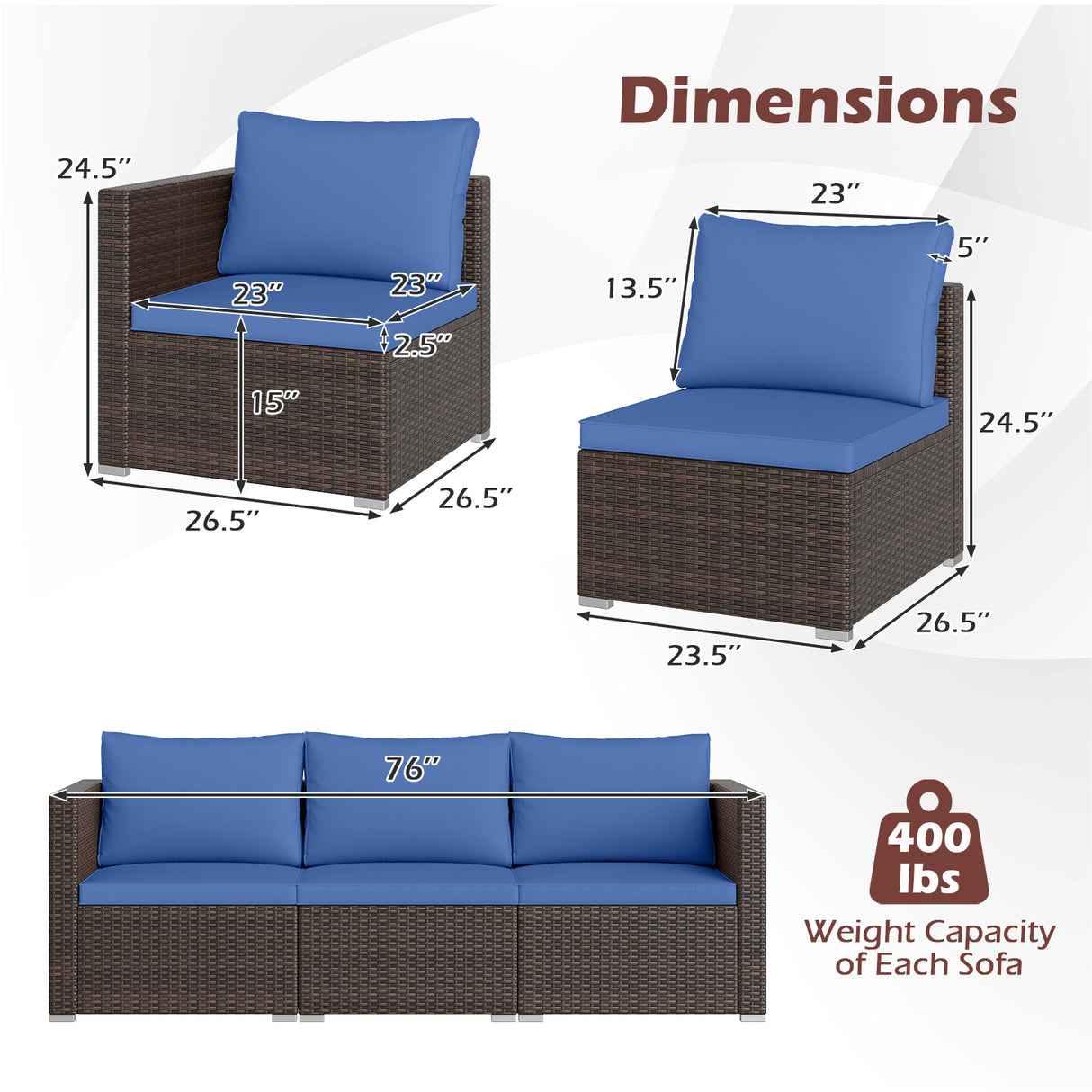 3 Pieces Patio Sectional Sofa Set with Soft Cushions