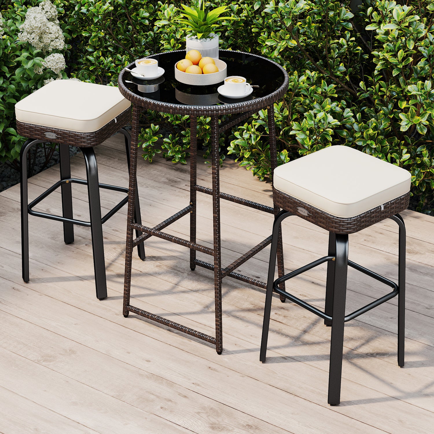 3 Pieces Outdoor Swivel Bar Set PE Rattan Bar Height Table with 2 Chairs-White