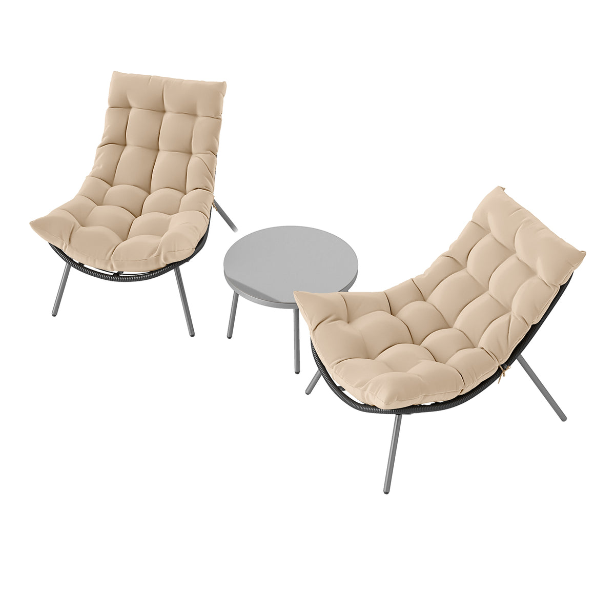 3 Pieces PE Rattan Conversation Set with Cushioned Papasan Chairs