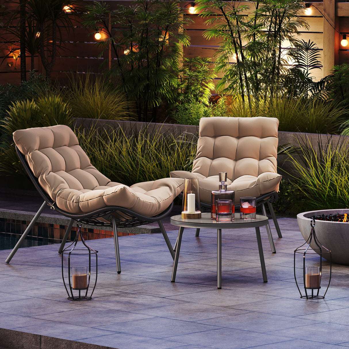 3 Pieces PE Rattan Conversation Set with Cushioned Papasan Chairs-Beige