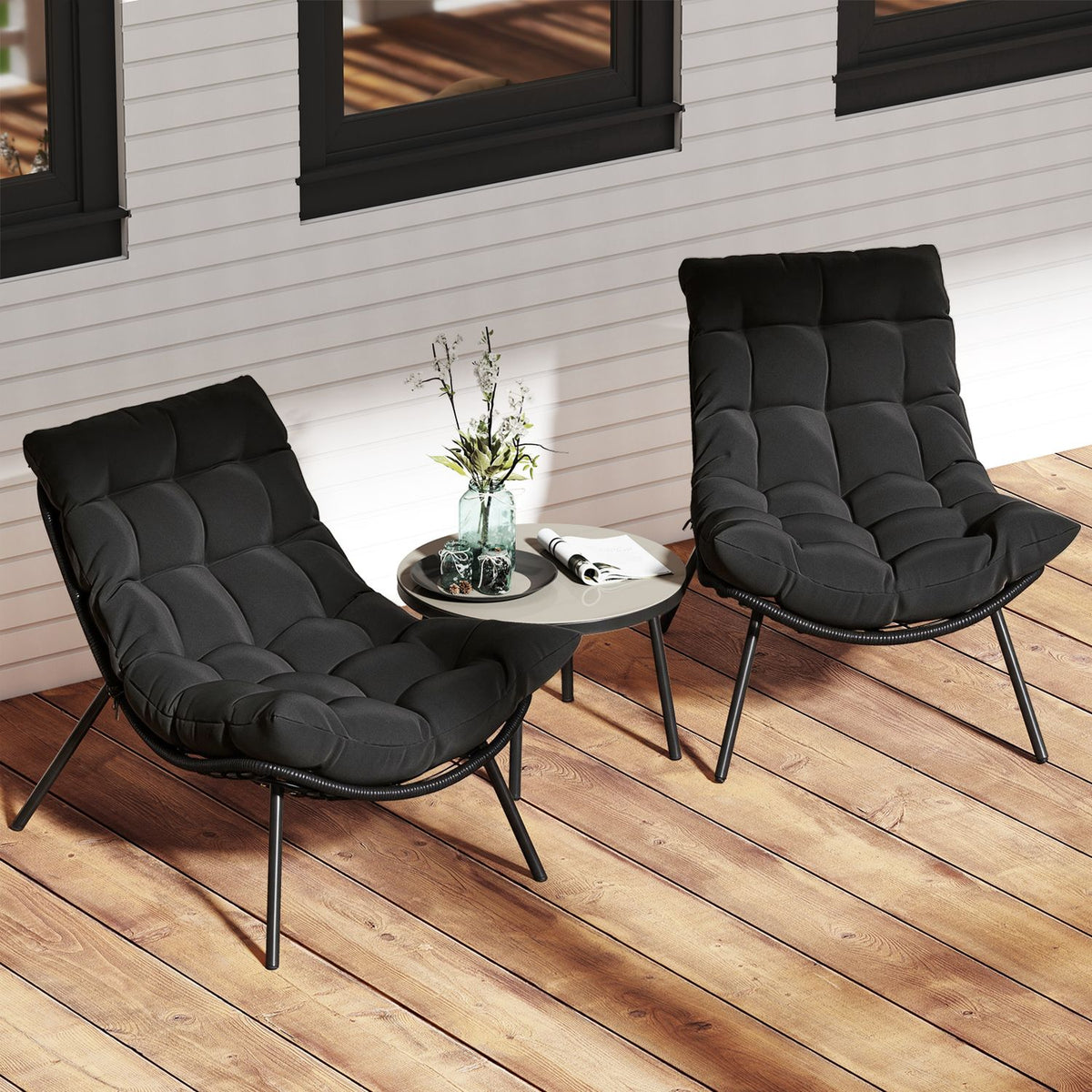 3 Pieces PE Rattan Conversation Set with Cushioned Papasan Chairs
