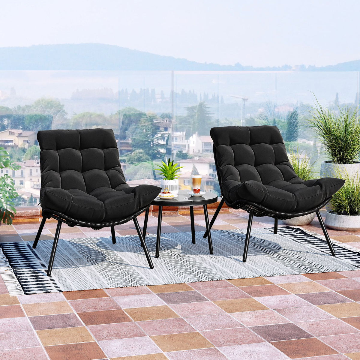 3 Pieces PE Rattan Conversation Set with Cushioned Papasan Chairs
