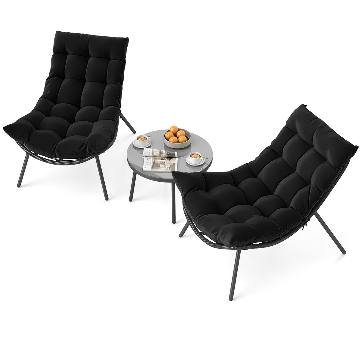 3 Pieces PE Rattan Conversation Set with Cushioned Papasan Chairs