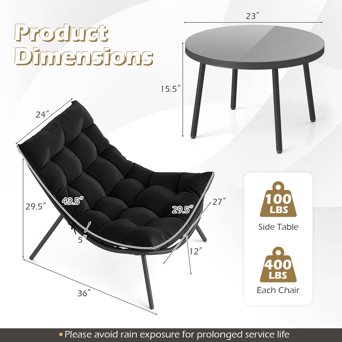 3 Pieces PE Rattan Conversation Set with Cushioned Papasan Chairs