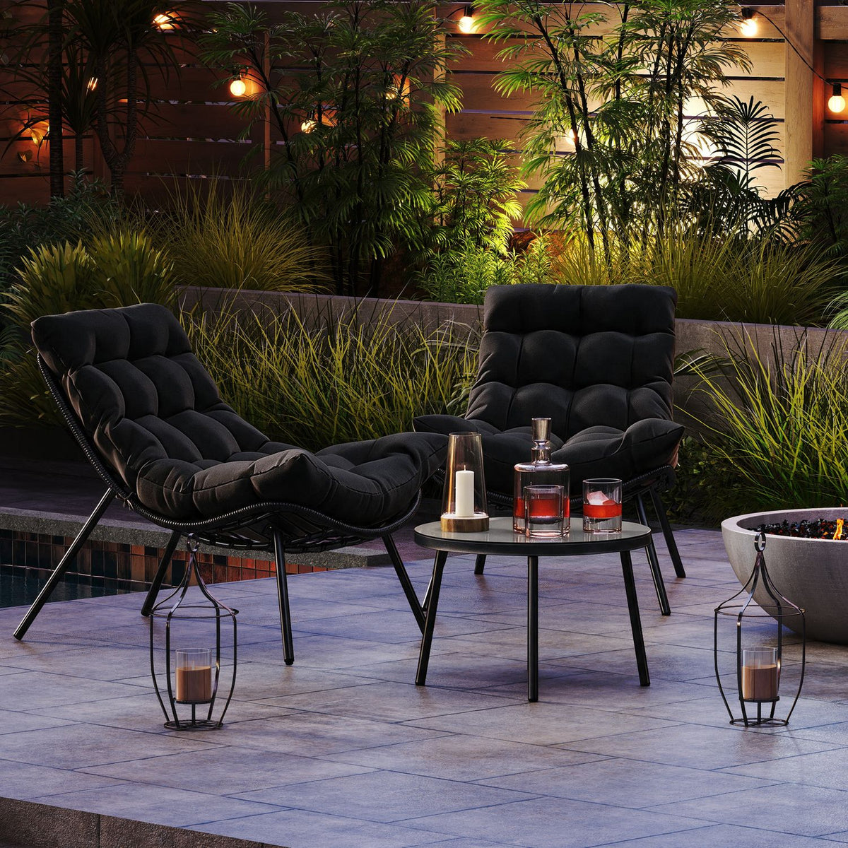 3 Pieces PE Rattan Conversation Set with Cushioned Papasan Chairs