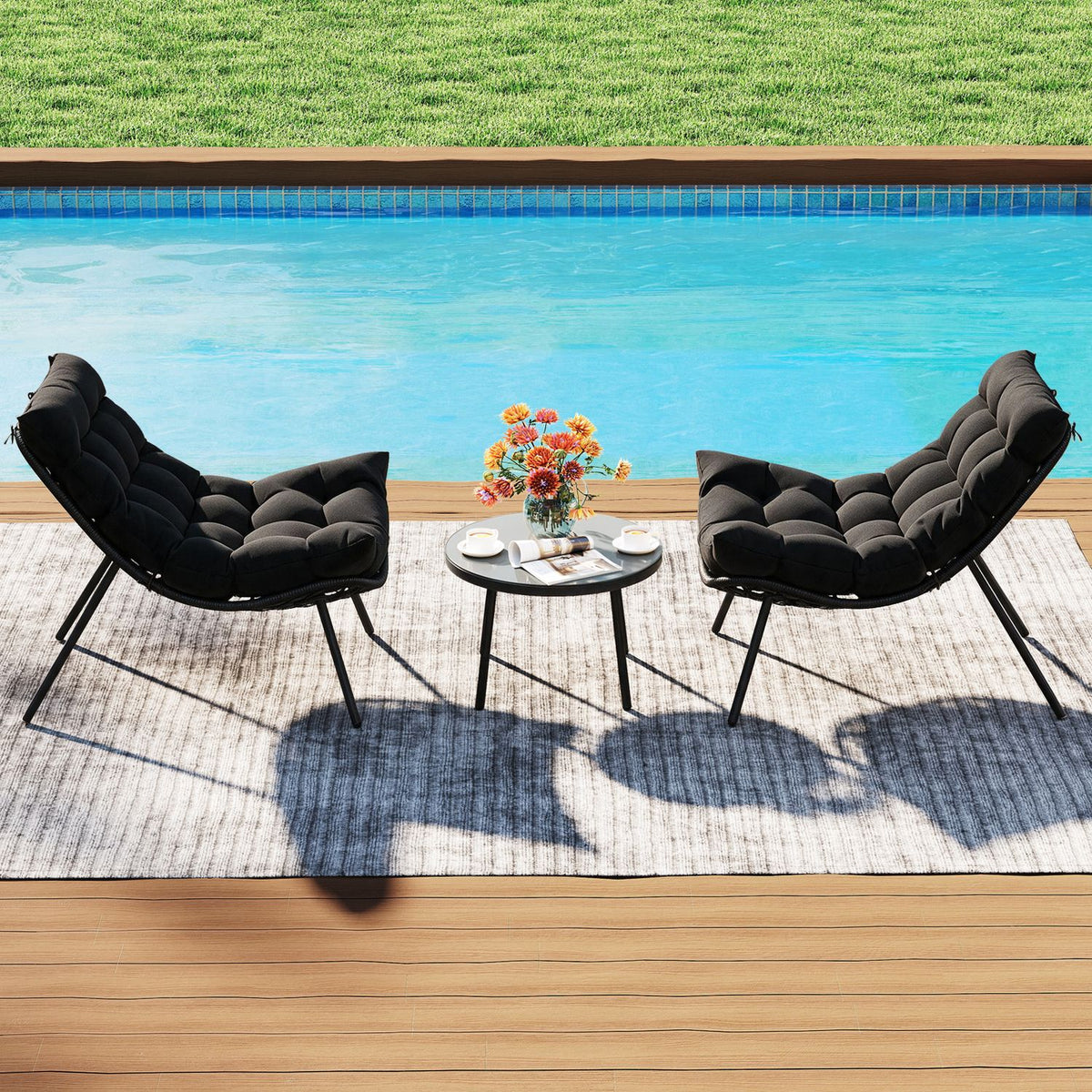 3 Pieces PE Rattan Conversation Set with Cushioned Papasan Chairs