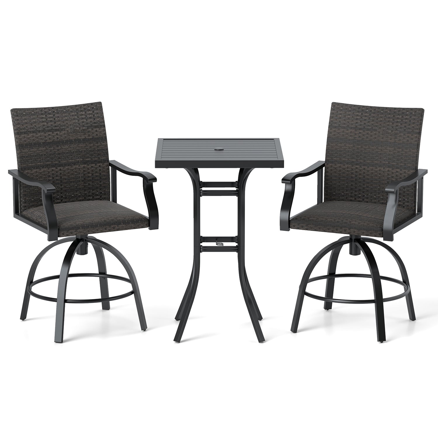 3 Pieces PE Wicker Patio Swivel Bar Set with Quick-Drying Foam-Black