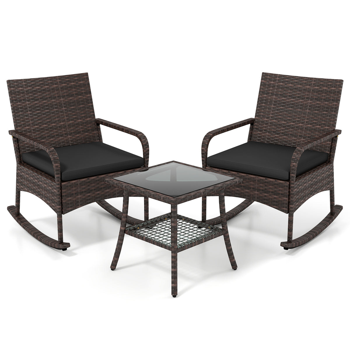 3 Pieces PE Wicker Rocking Bistro Set with 2-Tier Side Table Cushions and Ergonomic Armchairs for Porch