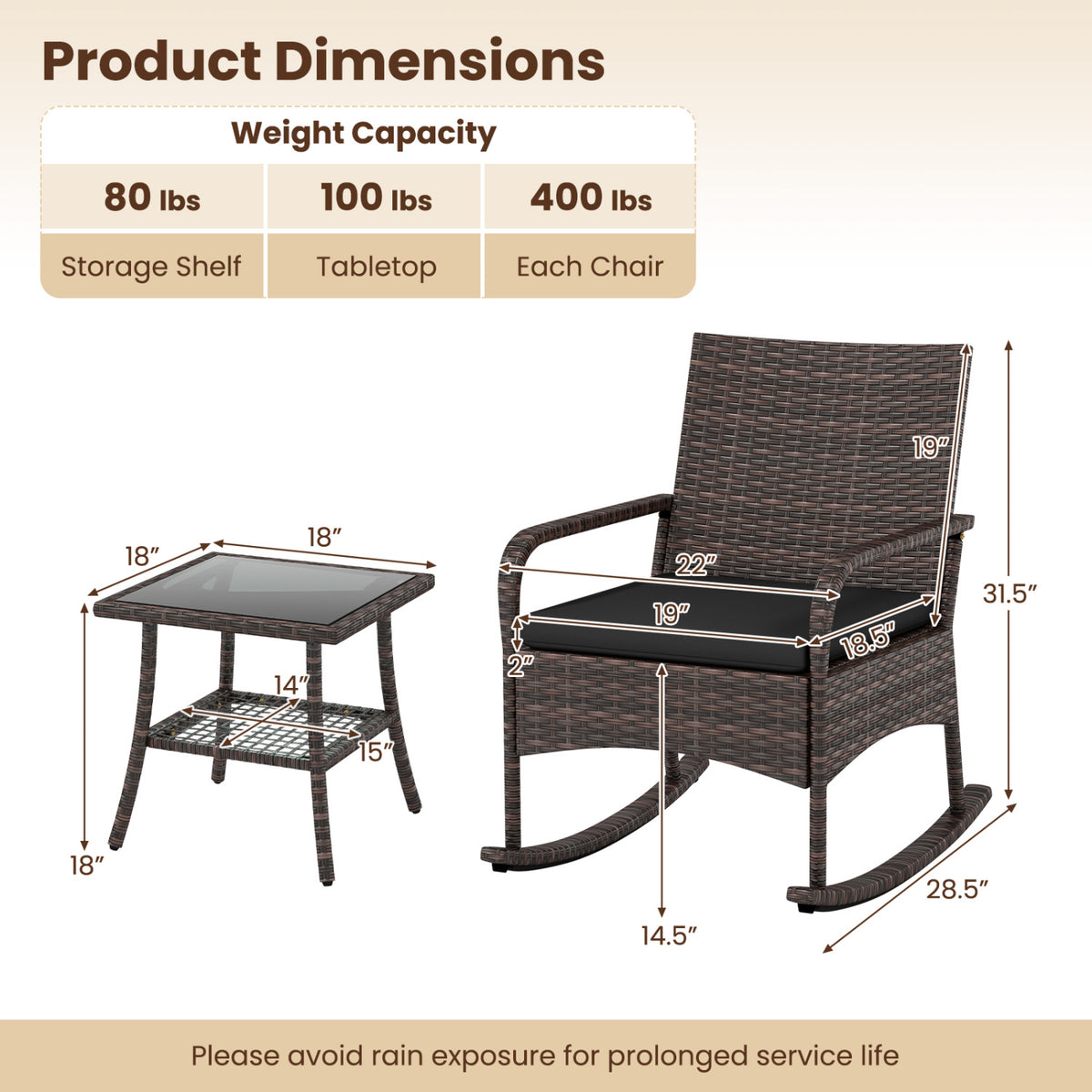 3 Pieces PE Wicker Rocking Bistro Set with 2-Tier Side Table Cushions and Ergonomic Armchairs for Porch