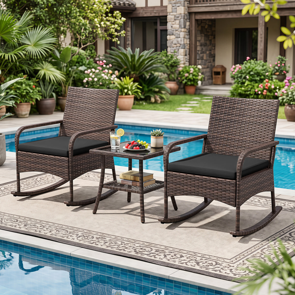 3 Pieces PE Wicker Rocking Bistro Set with 2-Tier Side Table Cushions and Ergonomic Armchairs for Porch