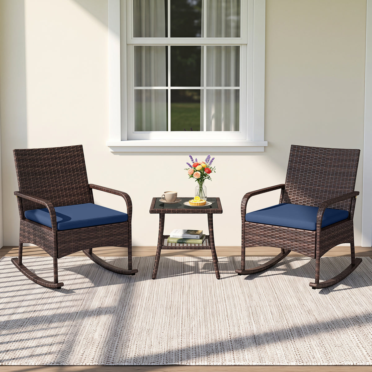 3 Pieces PE Wicker Rocking Bistro Set with 2-Tier Side Table Cushions and Ergonomic Armchairs for Porch