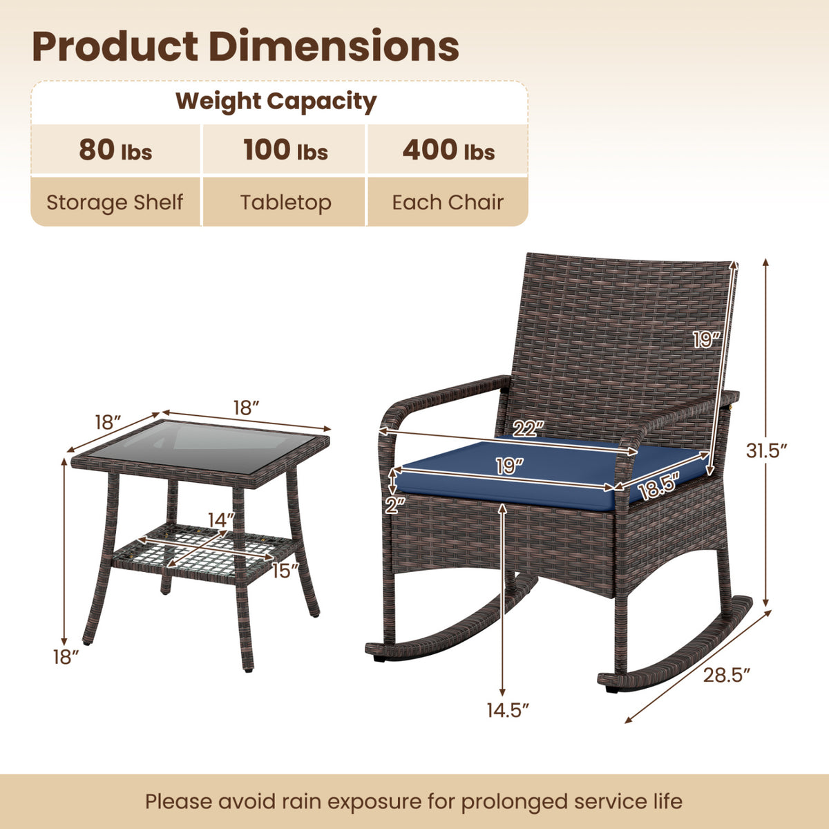 3 Pieces PE Wicker Rocking Bistro Set with 2-Tier Side Table Cushions and Ergonomic Armchairs for Porch