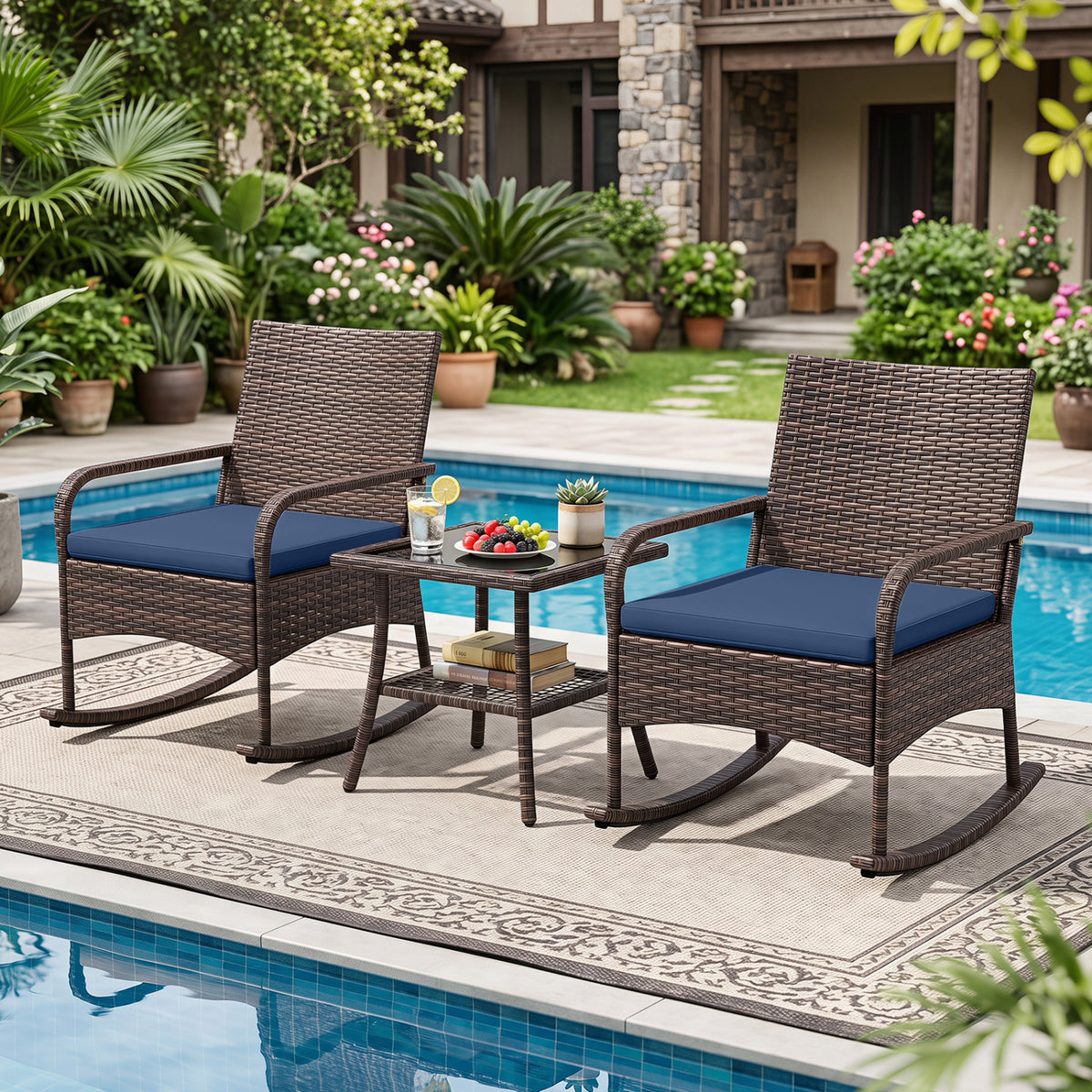 3 Pieces PE Wicker Rocking Bistro Set with 2-Tier Side Table Cushions and Ergonomic Armchairs for Porch