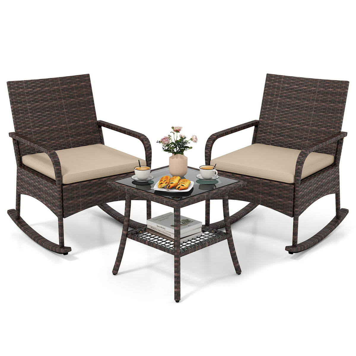 3 Pieces PE Wicker Rocking Bistro Set with 2-Tier Side Table Cushions and Ergonomic Armchairs for Porch
