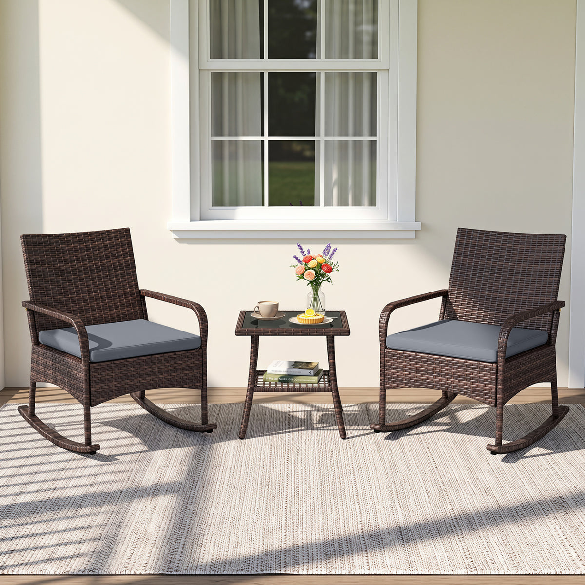 3 Pieces PE Wicker Rocking Bistro Set with 2-Tier Side Table Cushions and Ergonomic Armchairs for Porch
