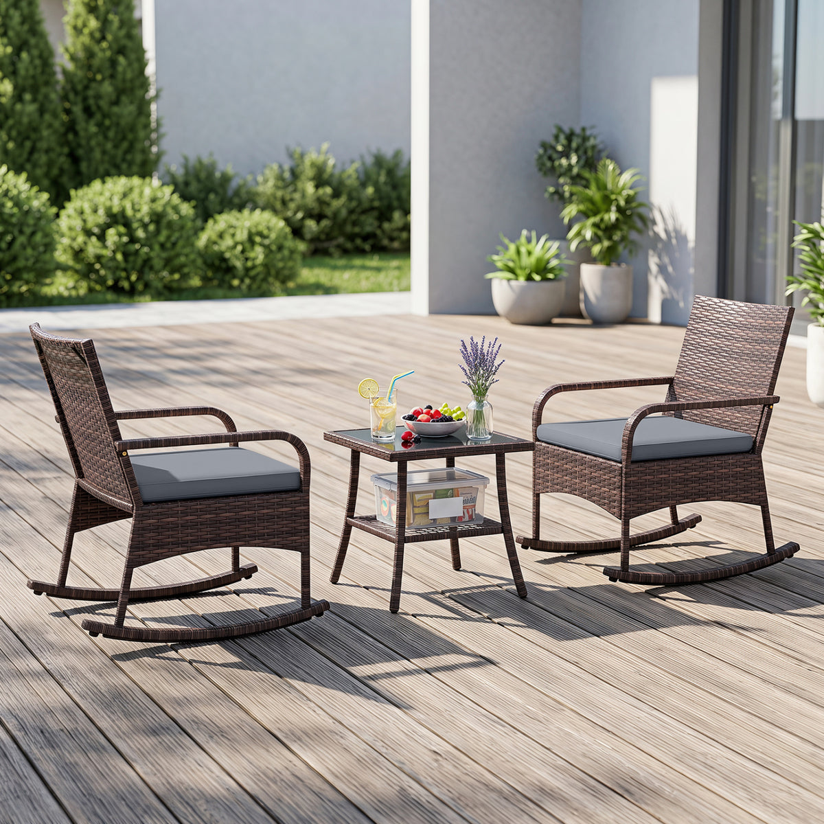 3 Pieces PE Wicker Rocking Bistro Set with 2-Tier Side Table Cushions and Ergonomic Armchairs for Porch