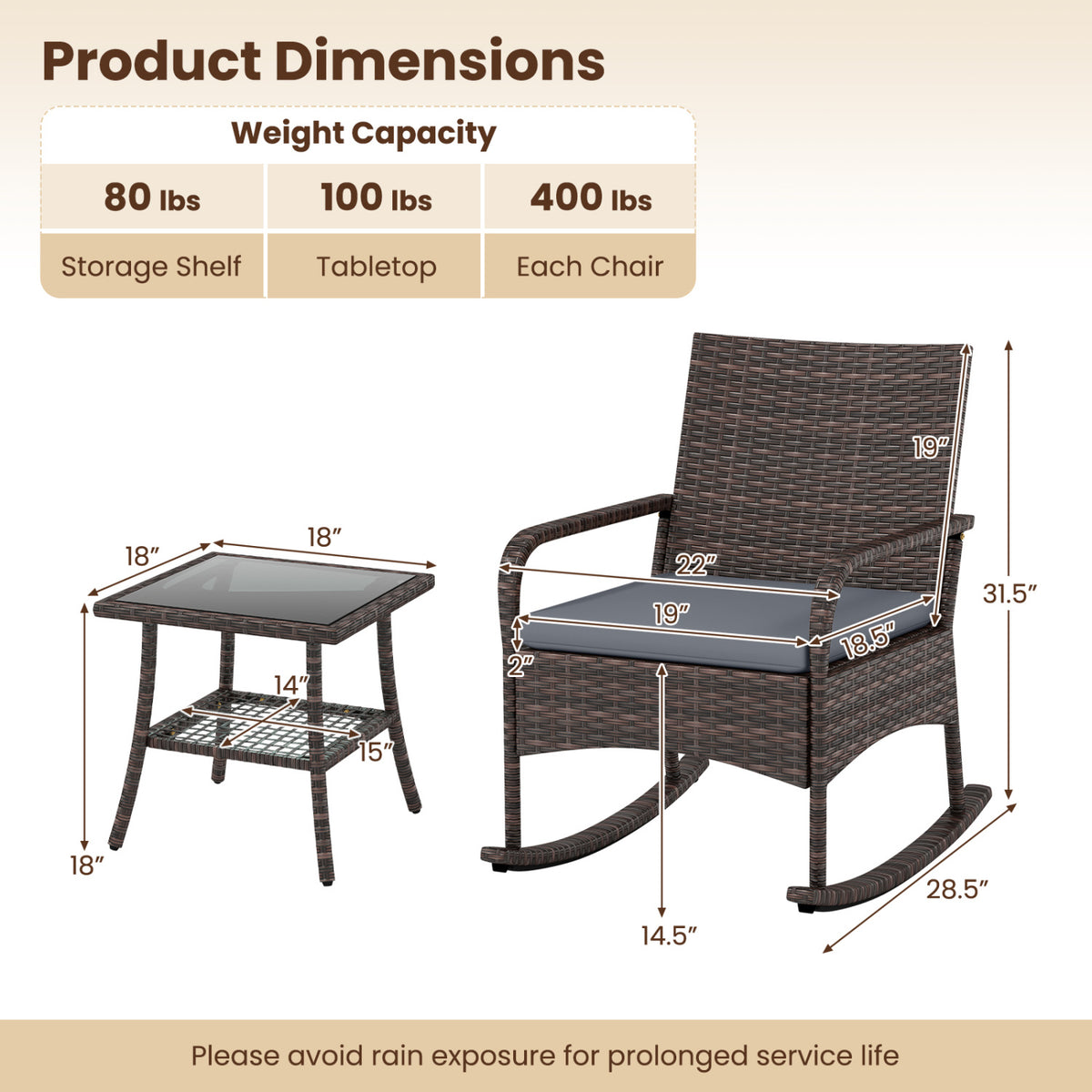 3 Pieces PE Wicker Rocking Bistro Set with 2-Tier Side Table Cushions and Ergonomic Armchairs for Porch