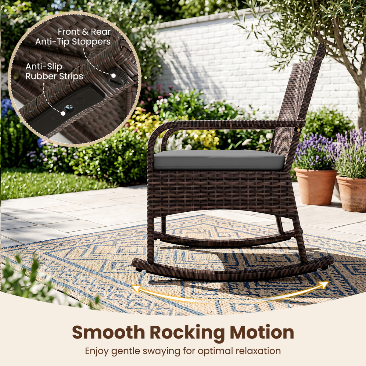 3 Pieces PE Wicker Rocking Bistro Set with 2-Tier Side Table Cushions and Ergonomic Armchairs for Porch