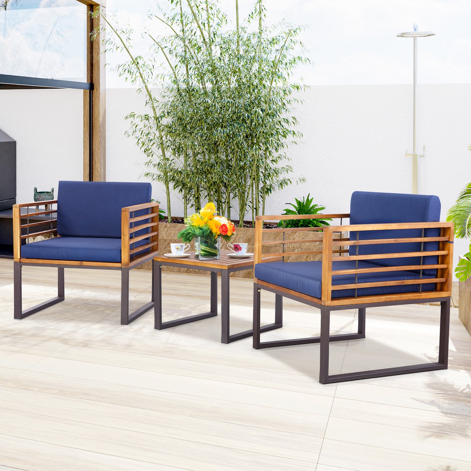 3 Pieces Patio Acacia Wood Conversation Set with Cushioned Armchairs-Navy