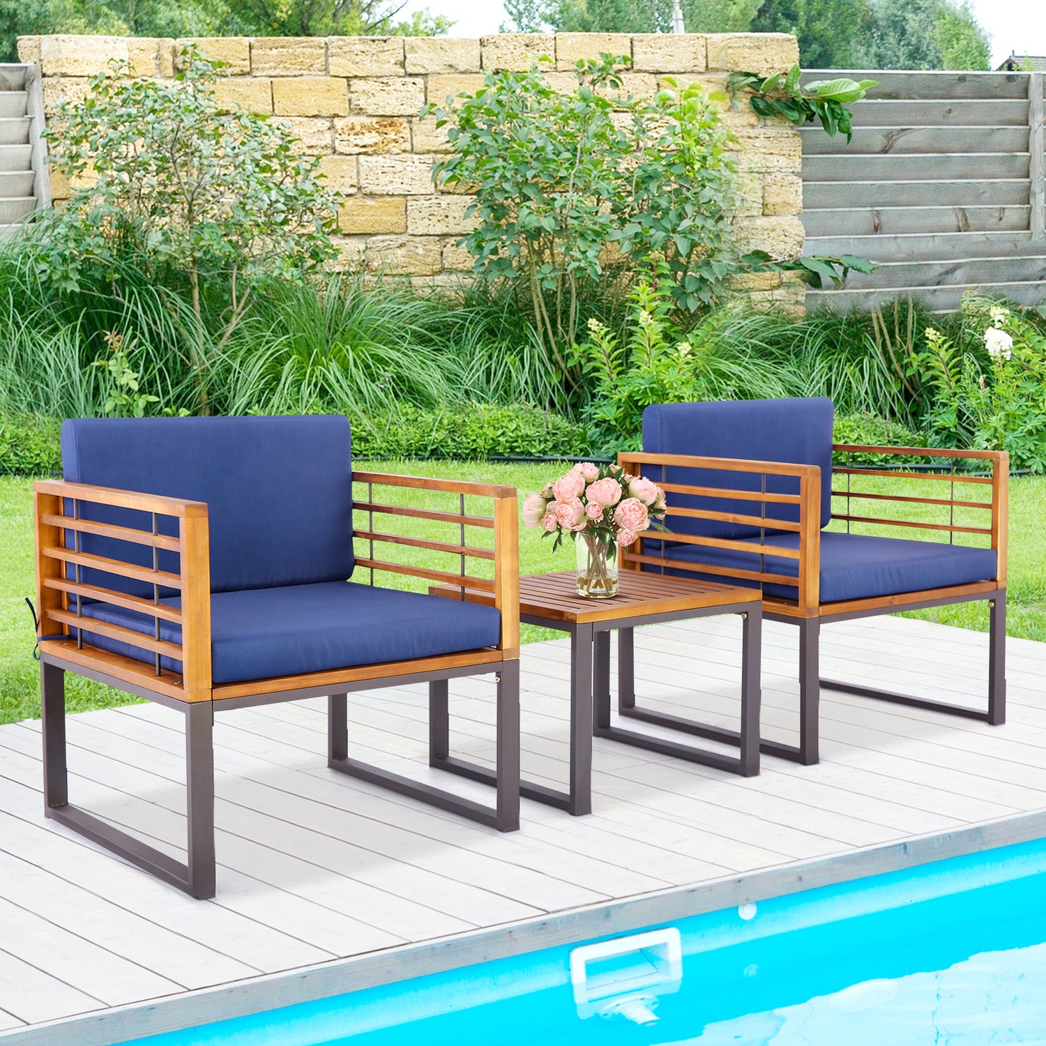 3 Pieces Patio Acacia Wood Conversation Set with Cushioned Armchairs-Navy