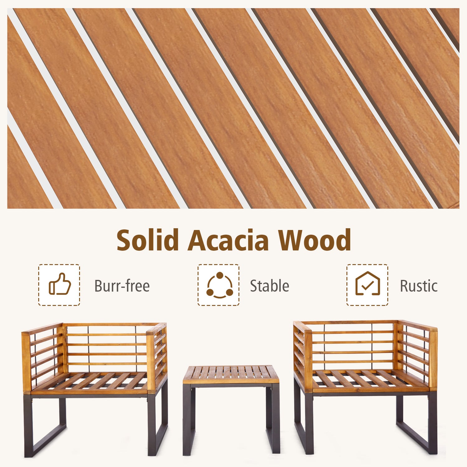 3 Pieces Patio Acacia Wood Conversation Set with Cushioned Armchairs-Navy