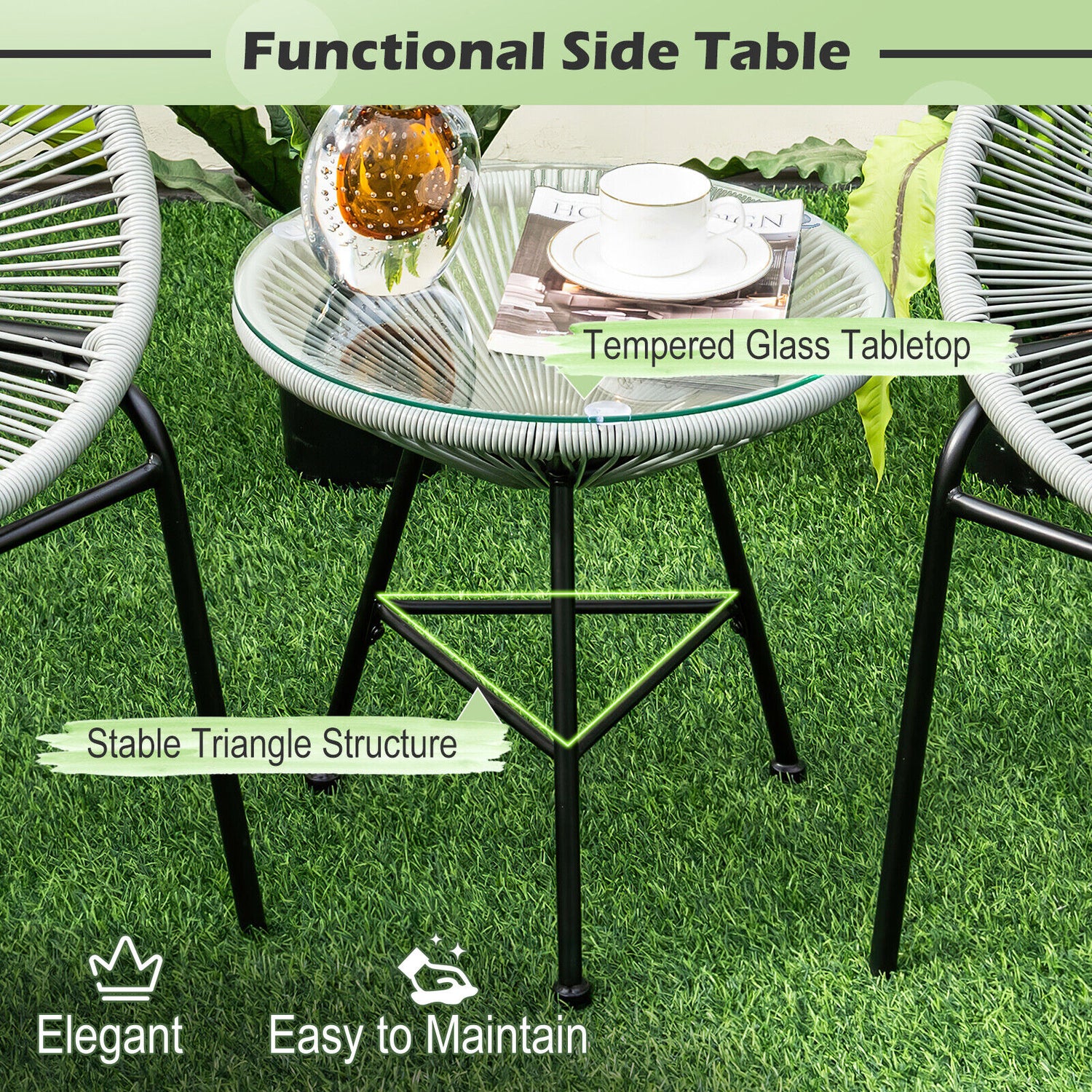 3 Pieces Patio Acapulco Furniture Bistro Set with Glass Table