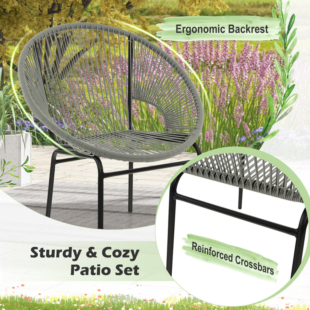 3 Pieces Patio Acapulco Furniture Bistro Set with Glass Table