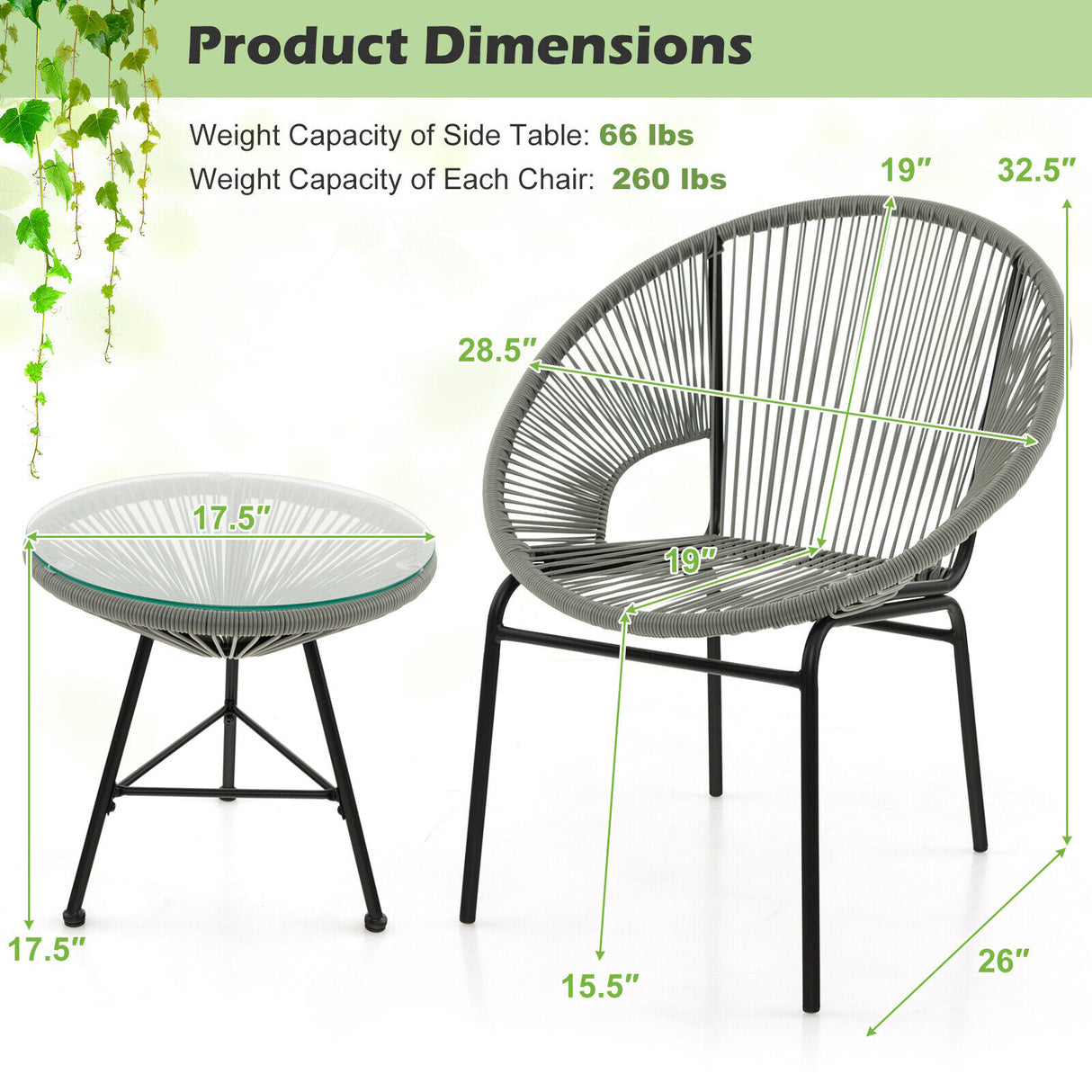 3 Pieces Patio Acapulco Furniture Bistro Set with Glass Table