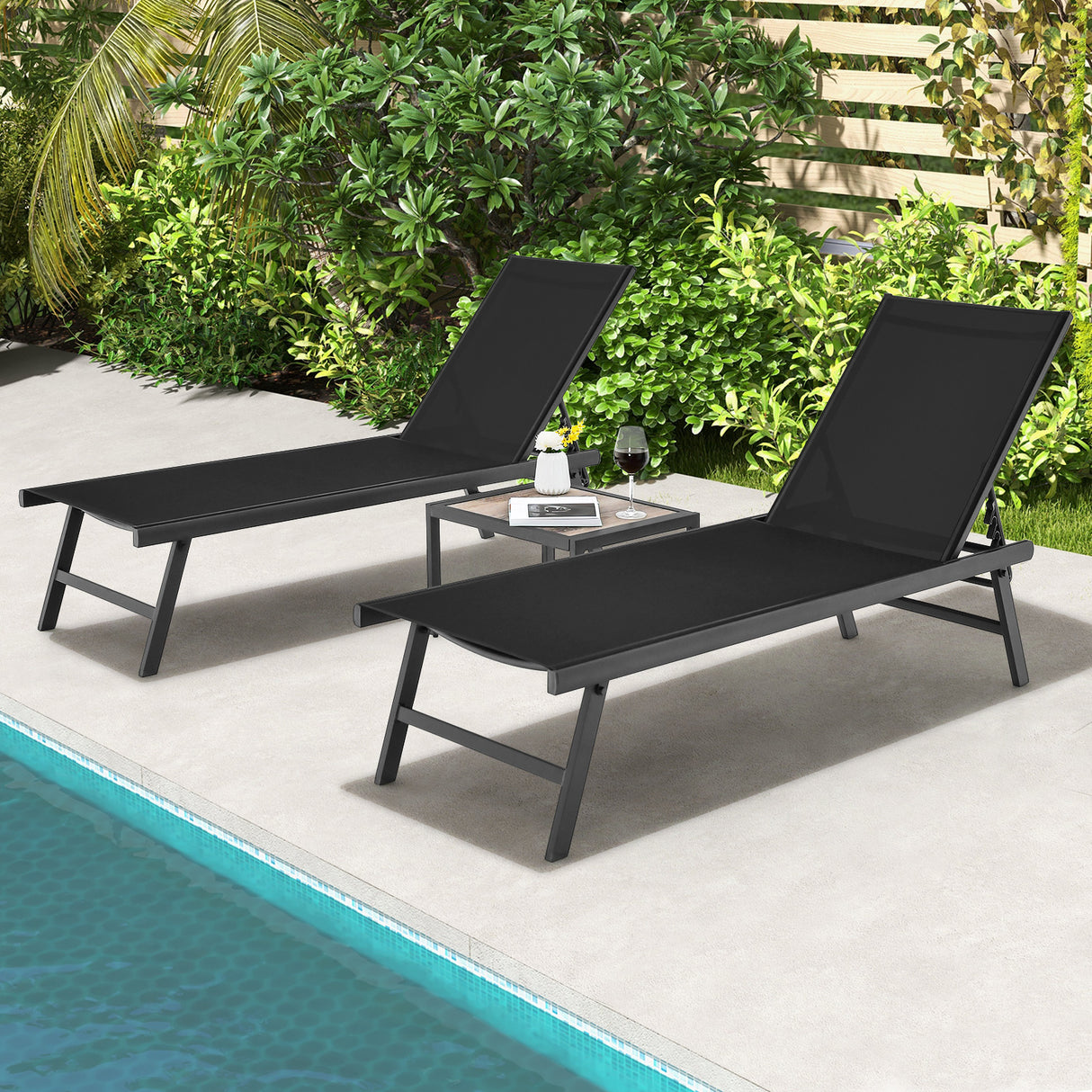 3 Pieces Patio Chaise Lounge Chair and Table Set for Poolside Yard