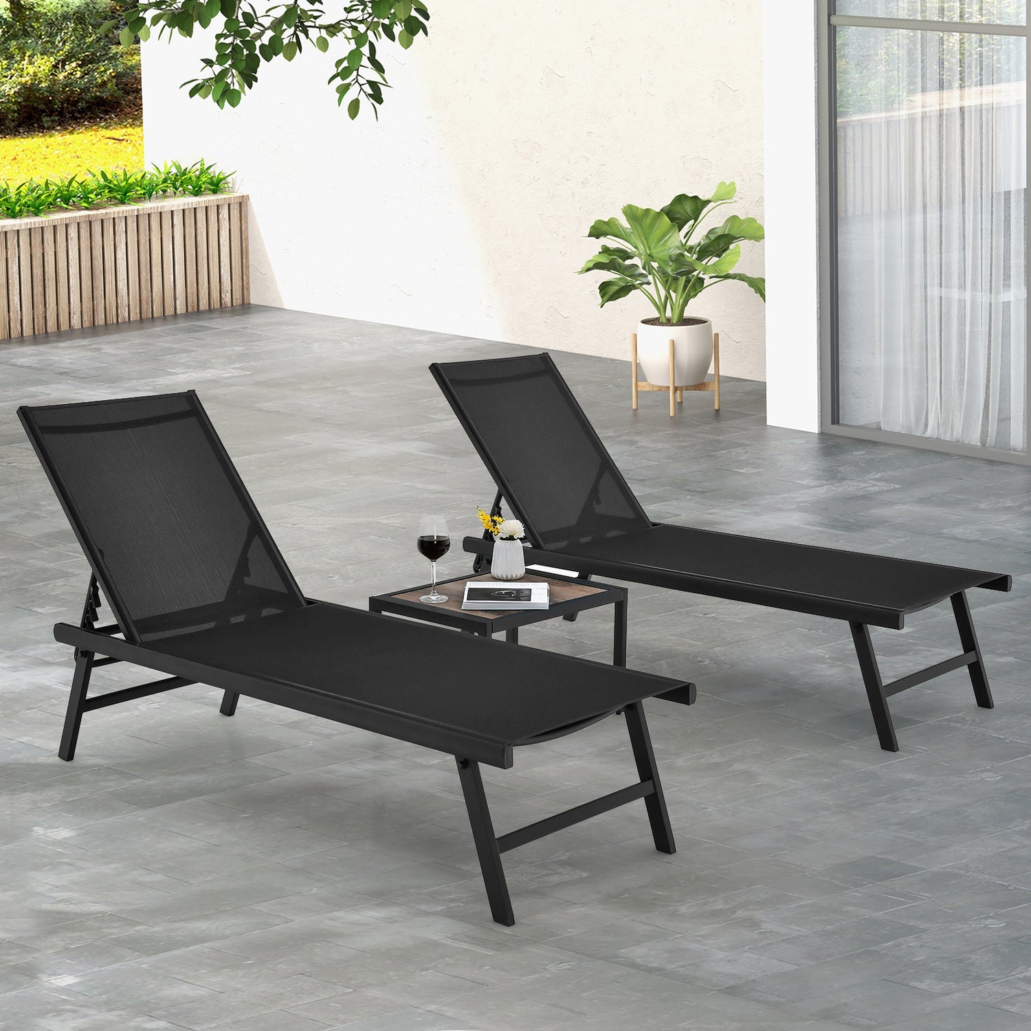 3 Pieces Patio Chaise Lounge Chair and Table Set for Poolside Yard