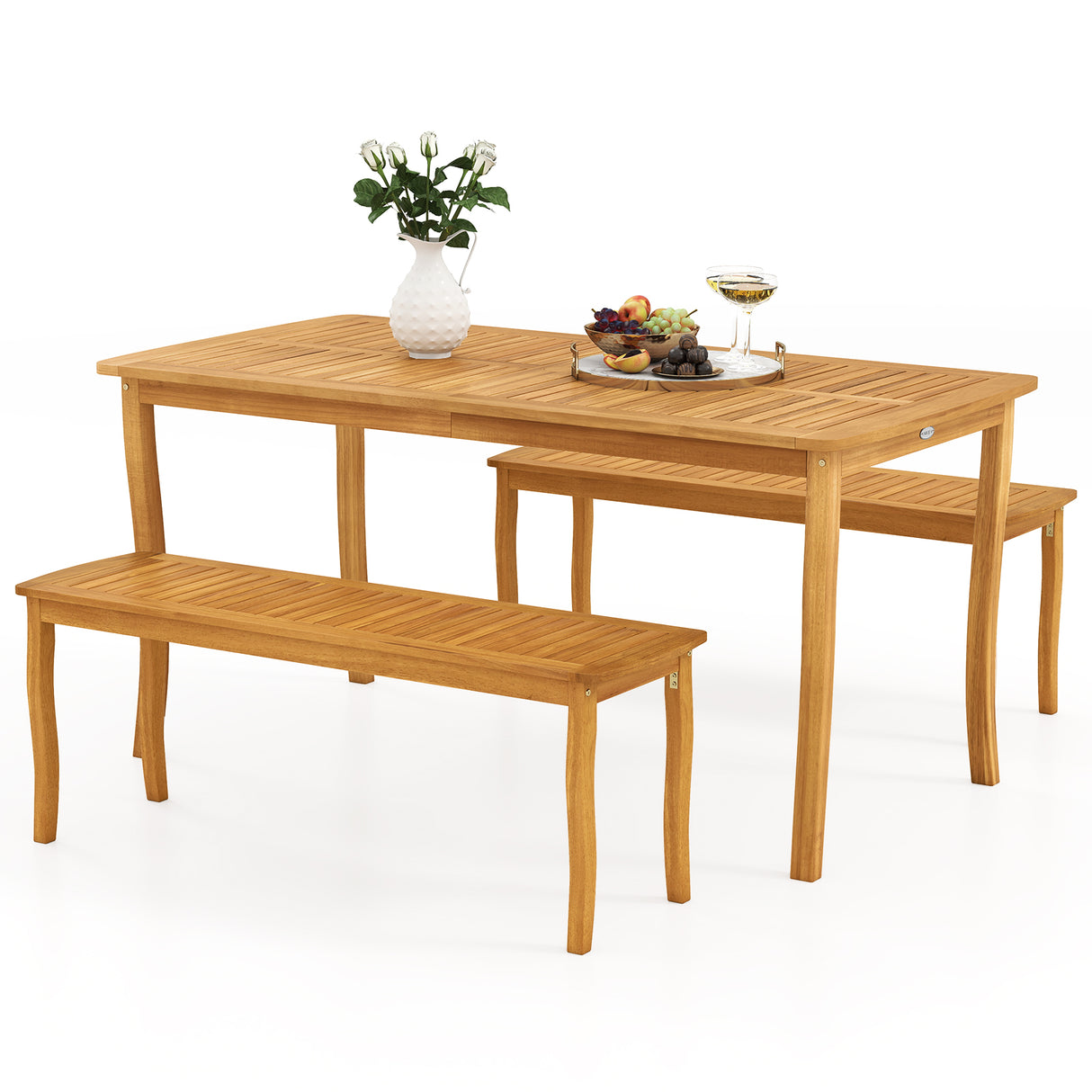 3 Pieces Patio Dining Set with Acacia Wood Outdoor Table and Benches