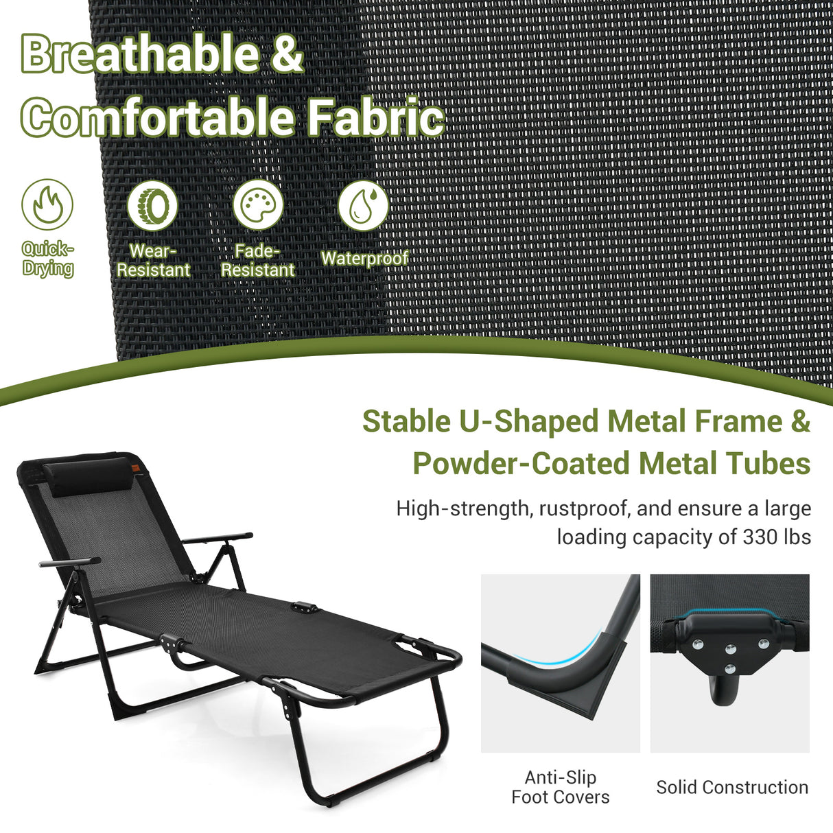 3 Pieces Patio Folding Chaise Lounge Set with PVC Tabletop-Black