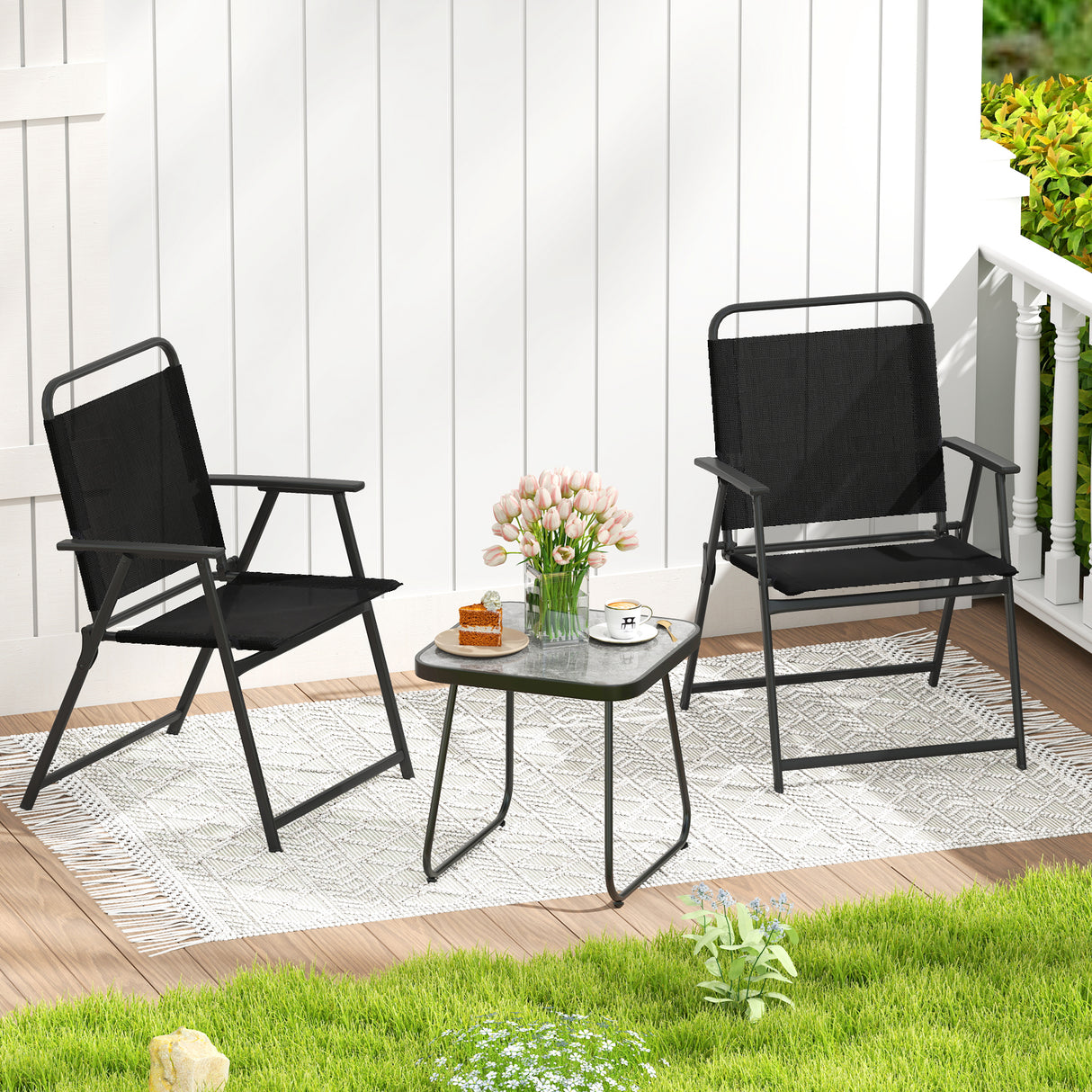 3 Pieces Patio Folding Conversation Chairs and Table-Black