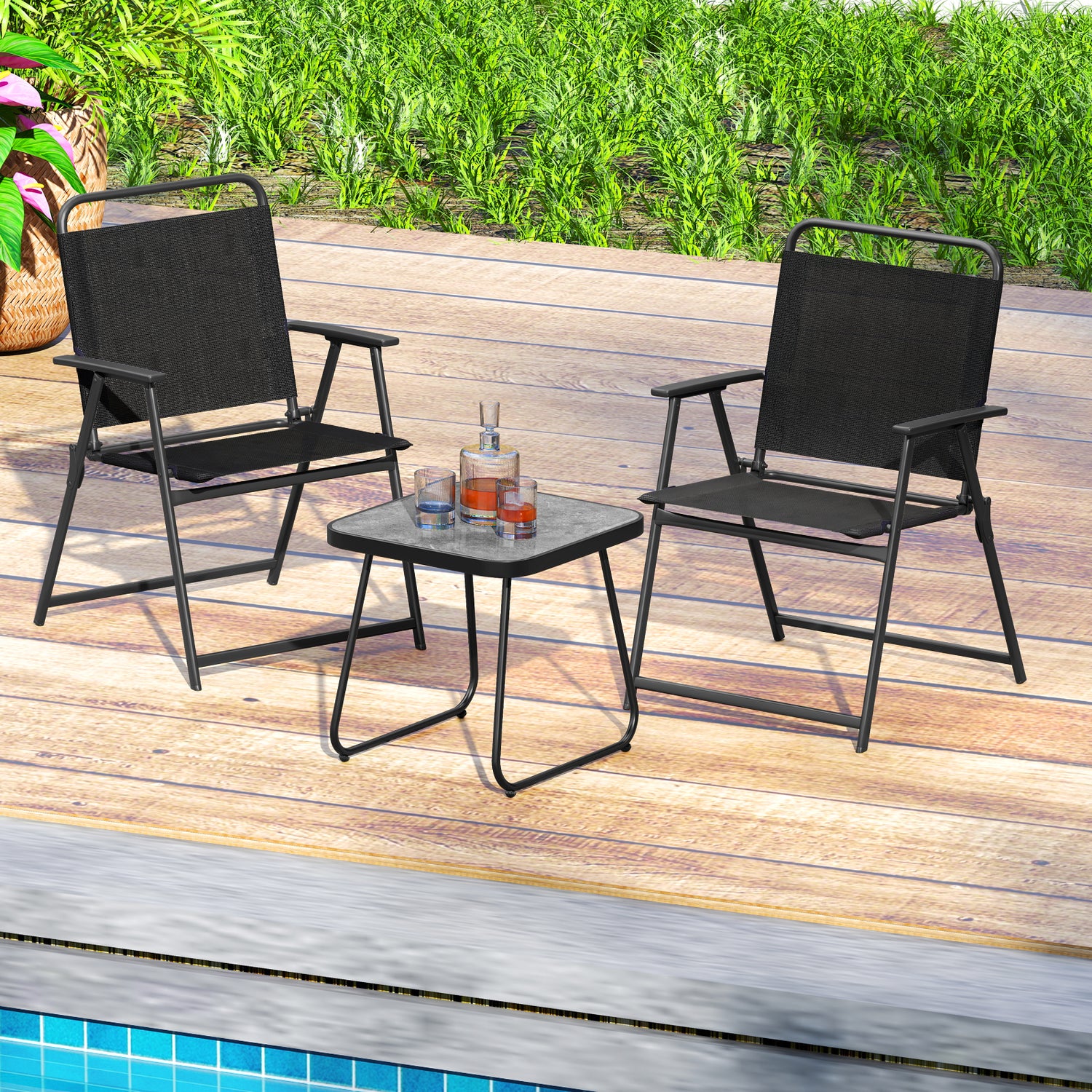 3 Pieces Patio Folding Conversation Chairs and Table-Black