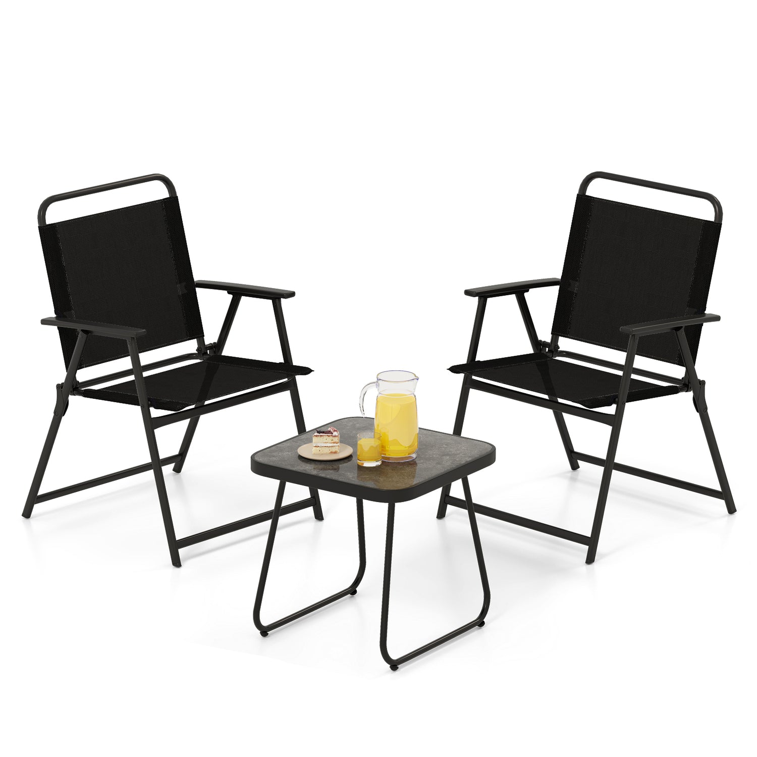 3 Pieces Patio Folding Conversation Chairs and Table-Black