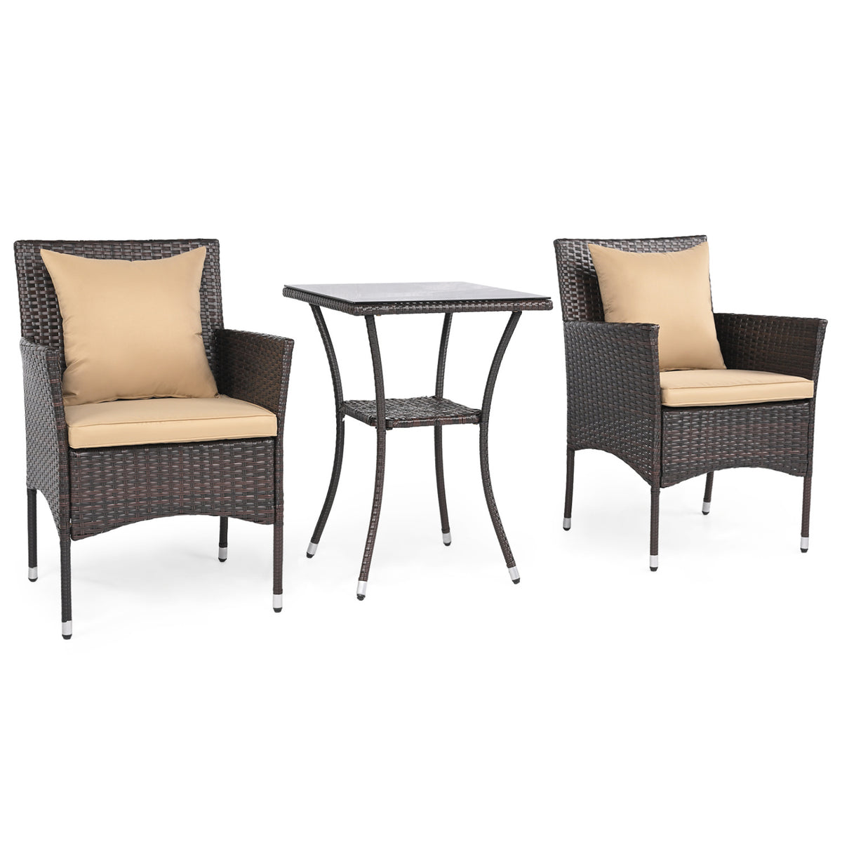 3 Pieces Patio Furniture Set with Cushioned Patio Chairs and Tempered Glass Coffee Table