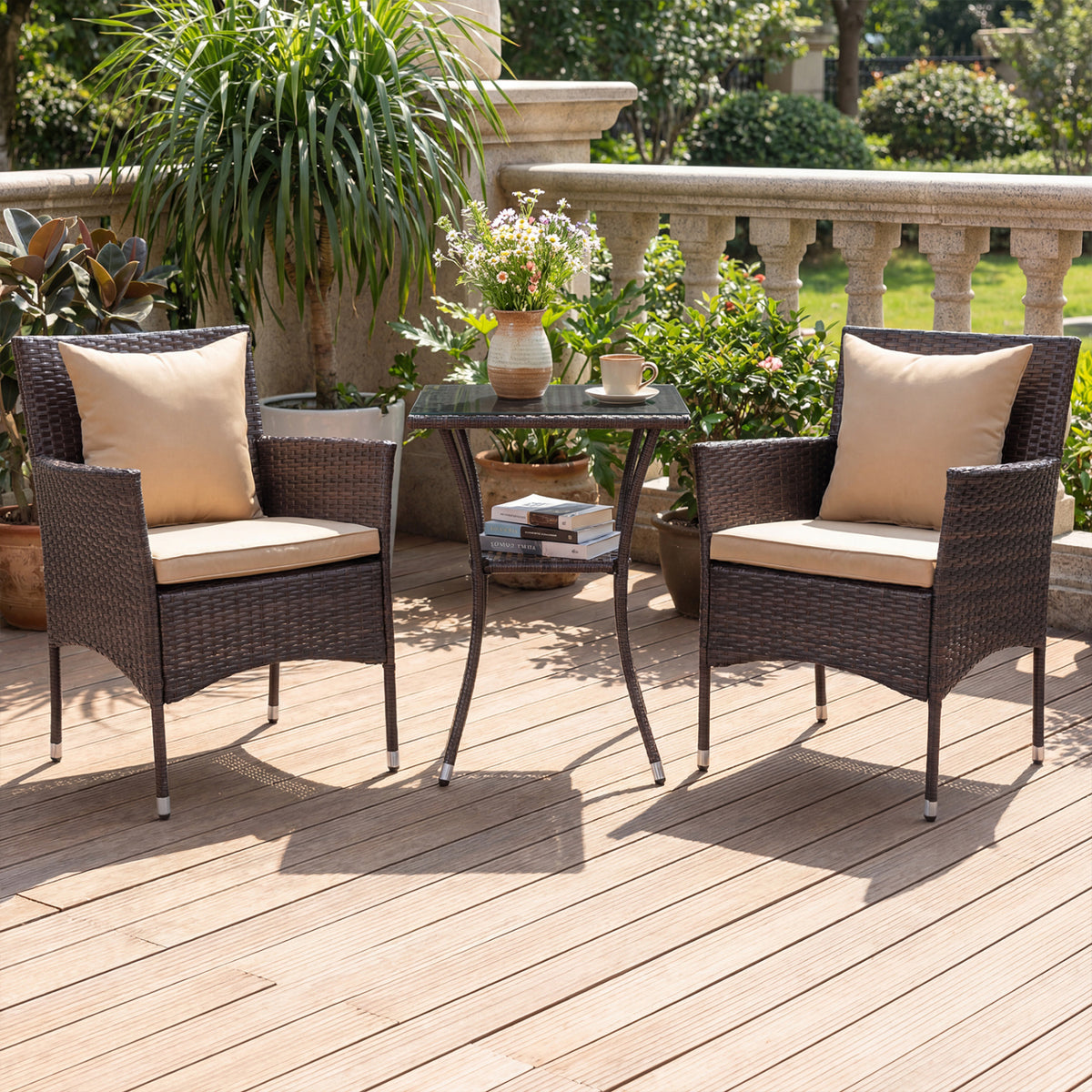3 Pieces Patio Furniture Set with Cushioned Patio Chairs and Tempered Glass Coffee Table