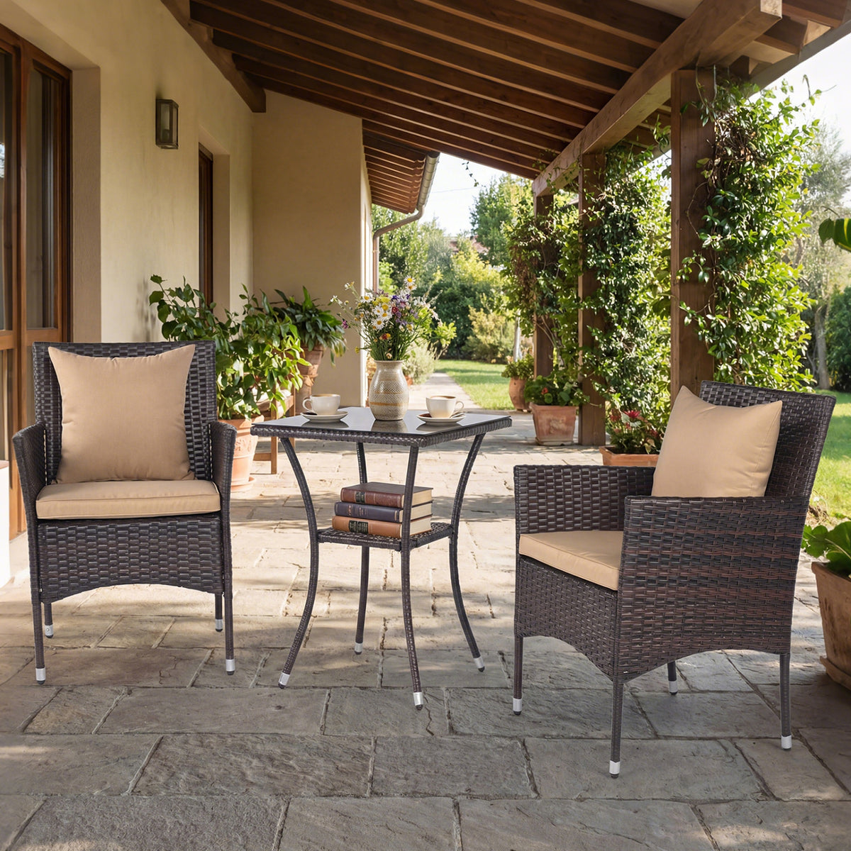 3 Pieces Patio Furniture Set with Cushioned Patio Chairs and Tempered Glass Coffee Table