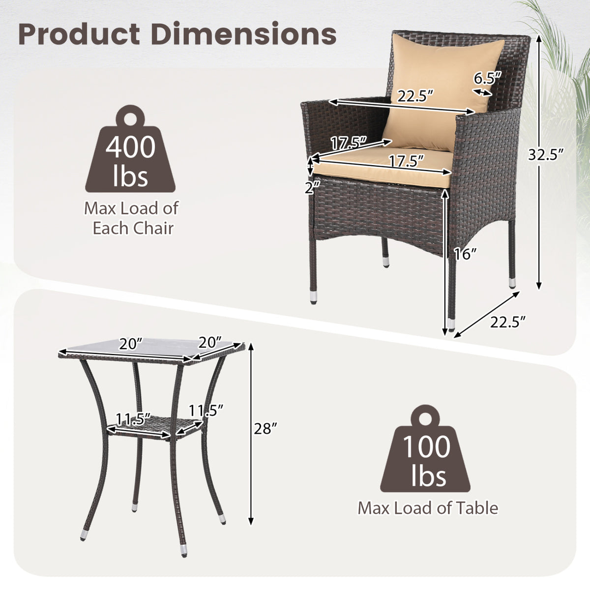 3 Pieces Patio Furniture Set with Cushioned Patio Chairs and Tempered Glass Coffee Table
