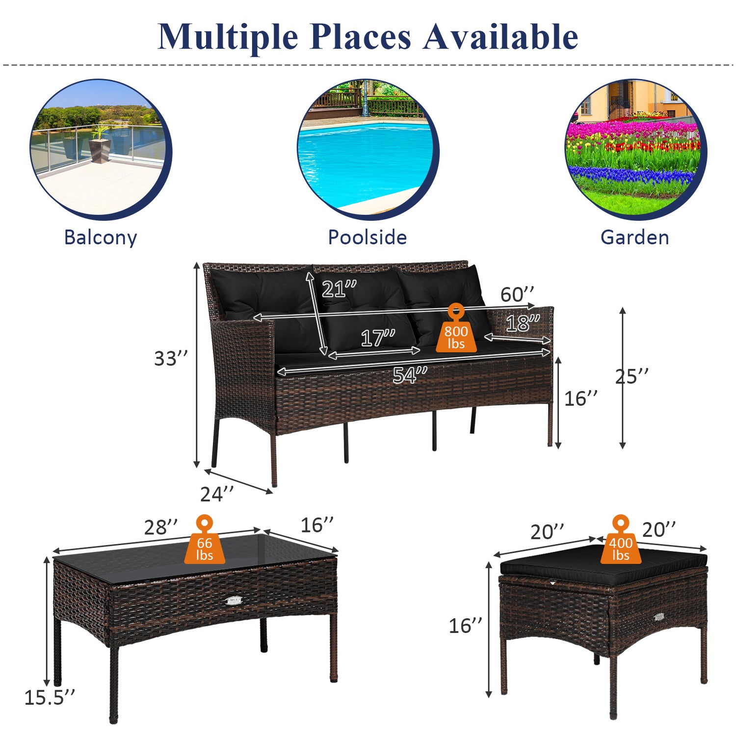 3 Pieces Patio Furniture Sectional Set with 5 Cozy Seat and Back Cushions