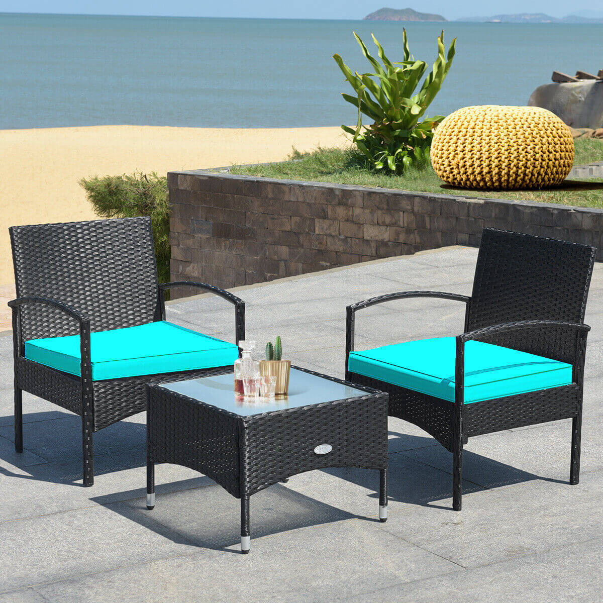 3 Pieces Patio Wicker Rattan Furniture Set with Cushion for Lawn Backyard