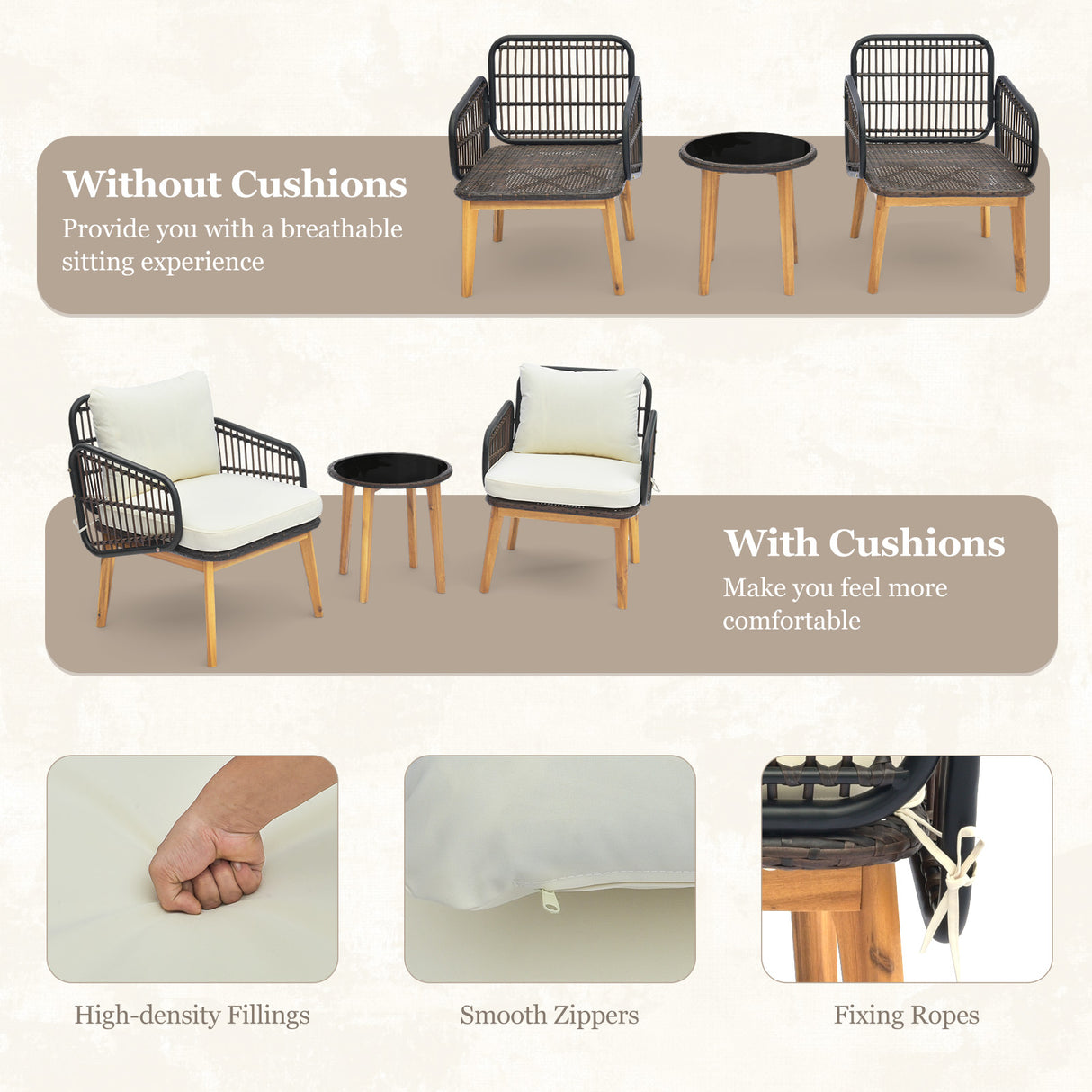 3 Pieces Patio Furniture Set with Cushioned Chairs and Tempered Glass Side Table