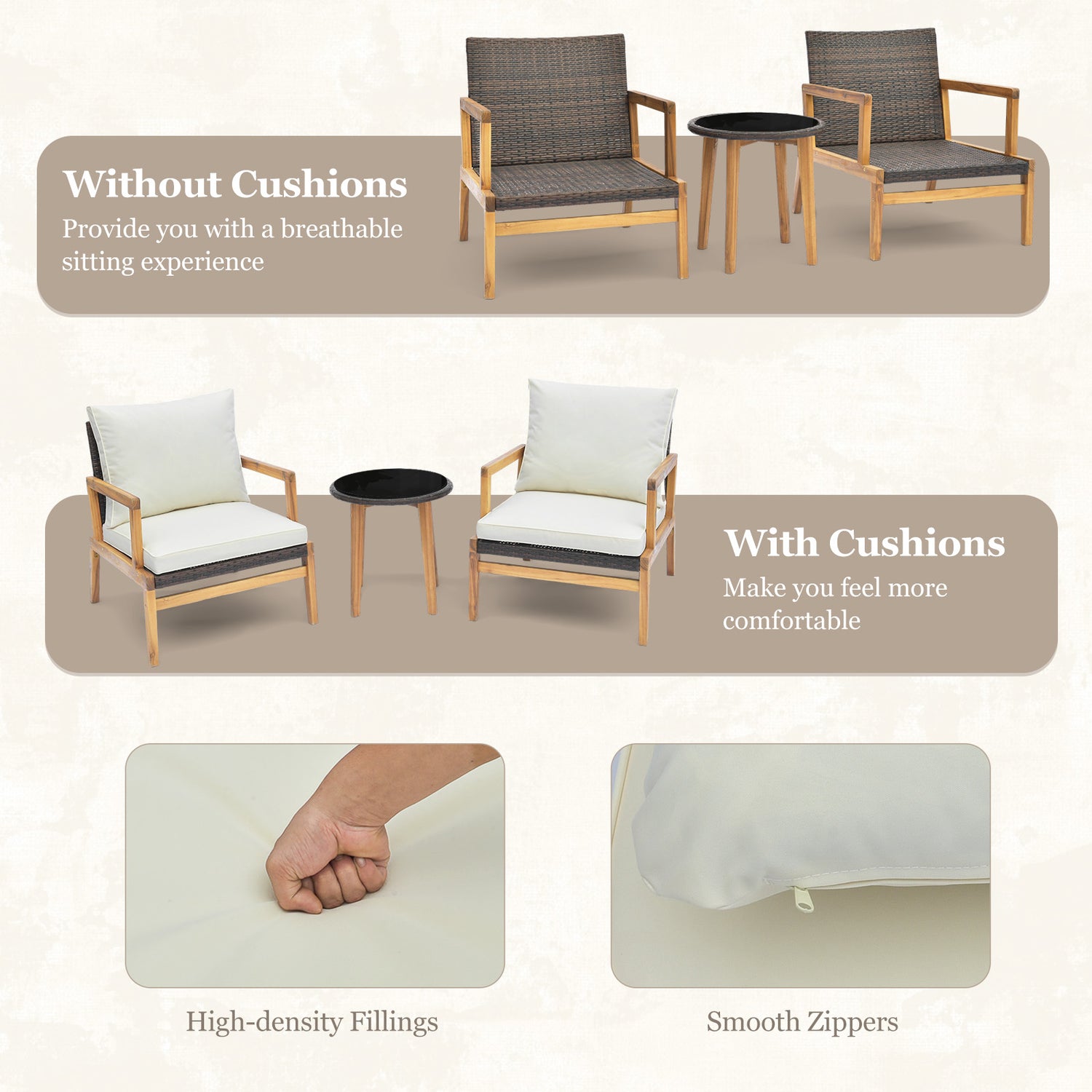 3 Pieces Patio Furniture Set with Cushioned Chairs and Tempered Glass Side Table