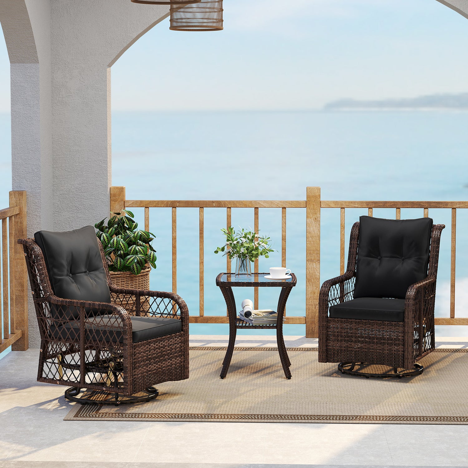 3 Pieces Patio Furniture Set PE Wicker Swivel Glider Chairs with 2-Tier Side Table and Cushions