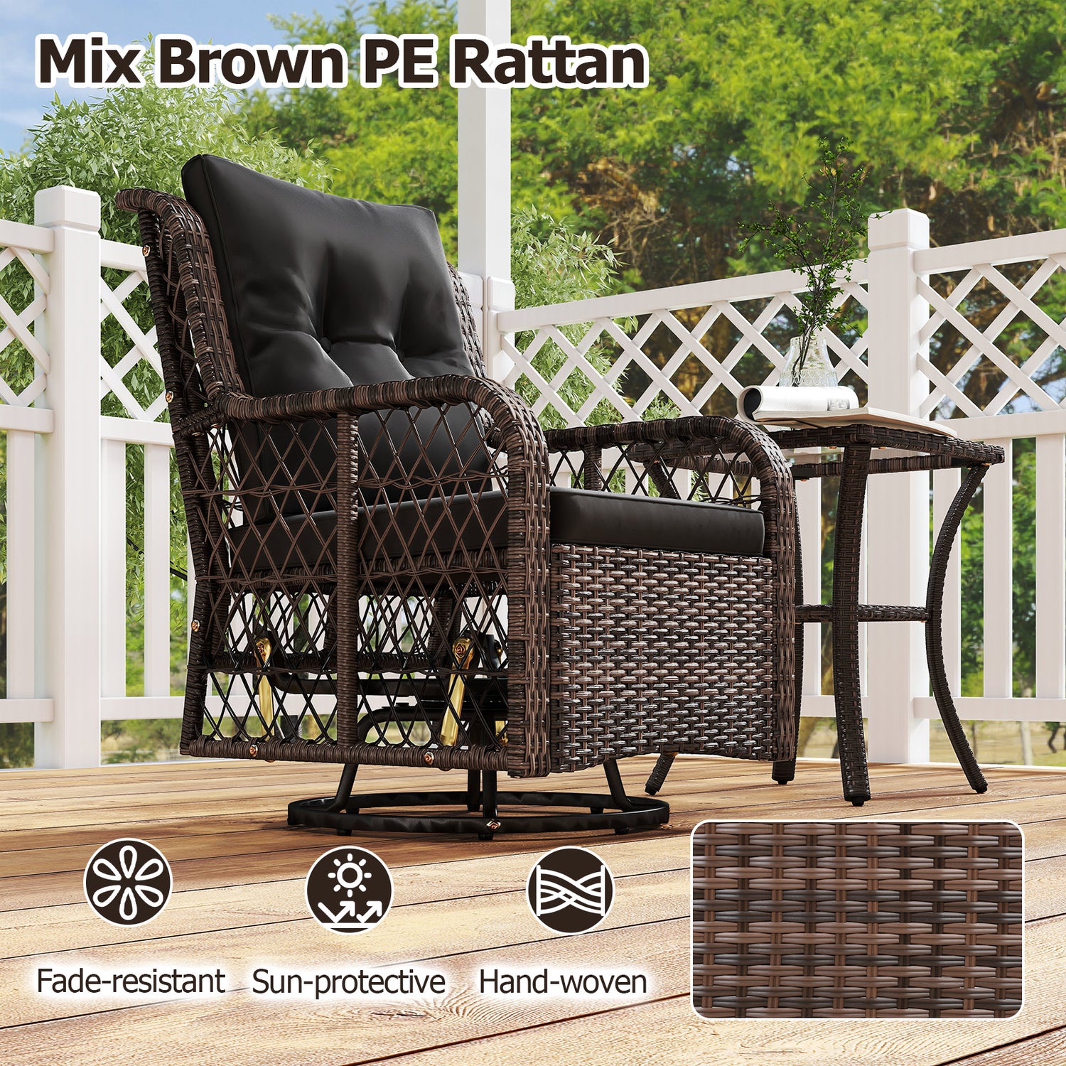 3 Pieces Patio Furniture Set PE Wicker Swivel Glider Chairs with 2-Tier Side Table and Cushions