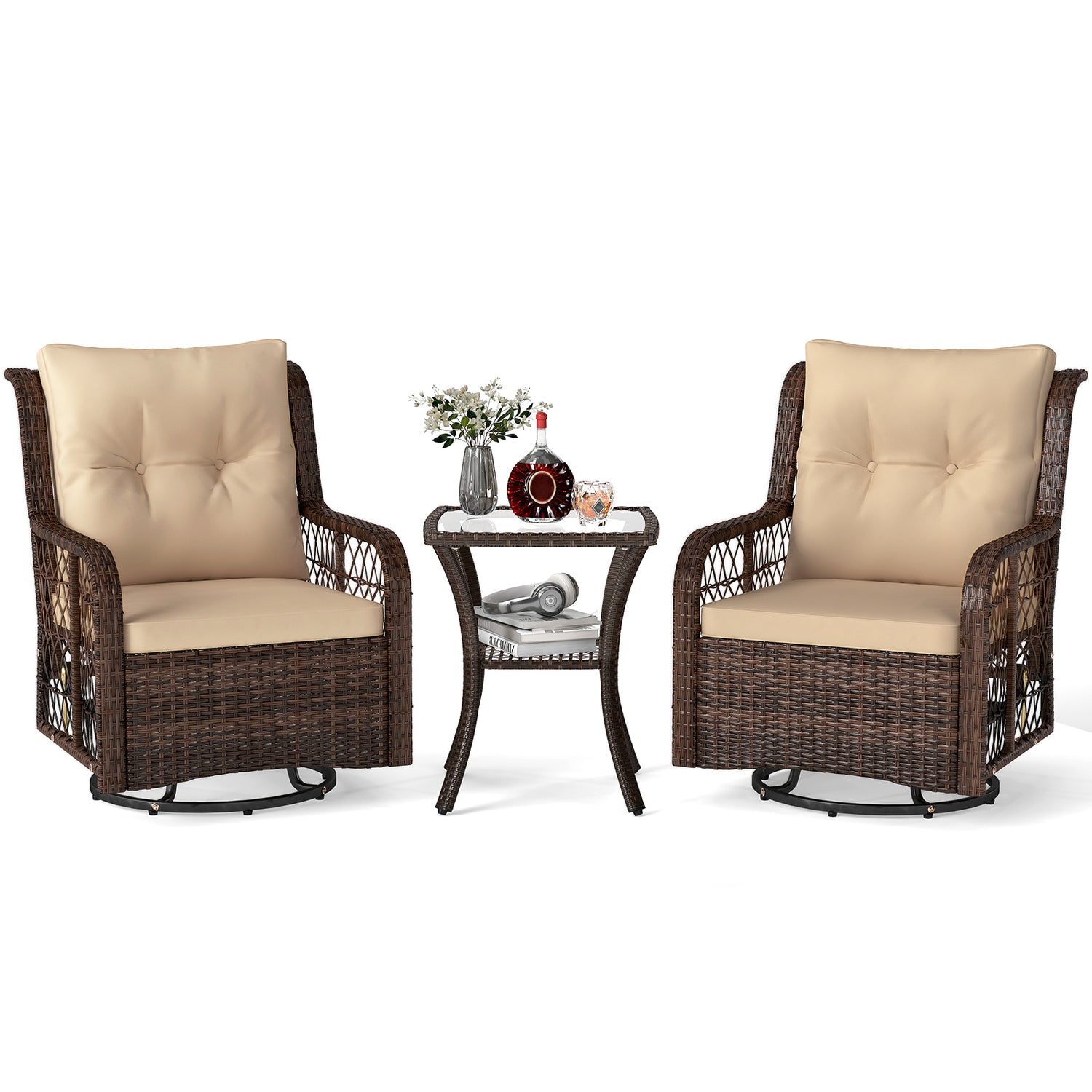 3 Pieces Patio Furniture Set PE Wicker Swivel Glider Chairs with 2-Tier Side Table and Cushions