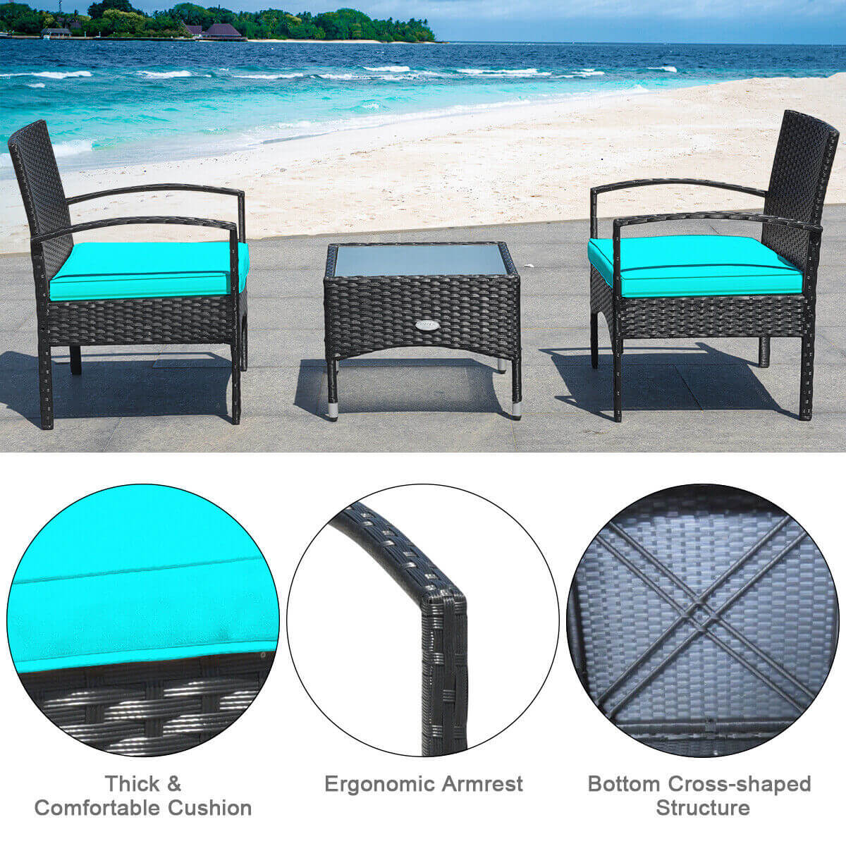 3 Pieces Patio Wicker Rattan Furniture Set with Cushion for Lawn Backyard