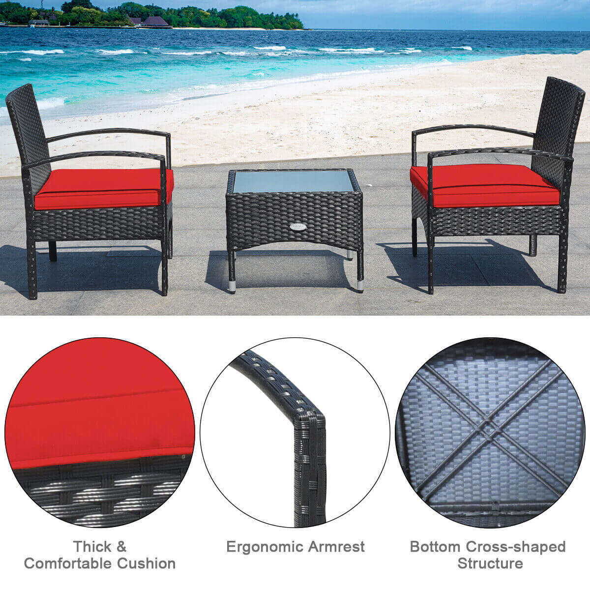 3 Pieces Patio Wicker Rattan Furniture Set with Cushion for Lawn Backyard
