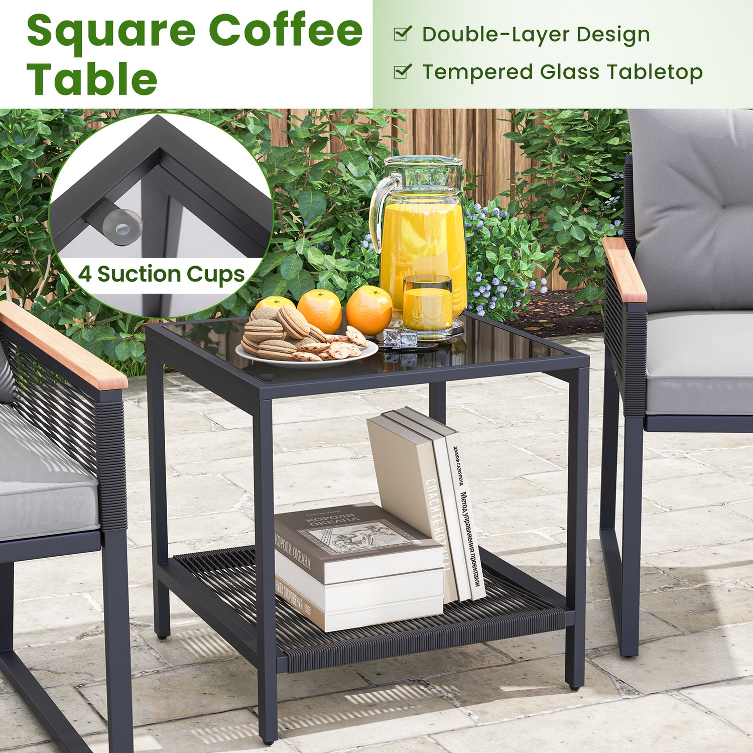 3 Pieces Patio Furniture Set with 2 Tier Coffee Table and Soft Seat Cushions-Gray