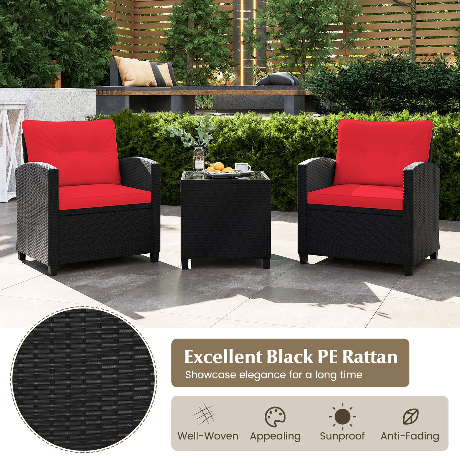 3 Pieces Patio Furniture Set with Tempered Glass Coffee Table